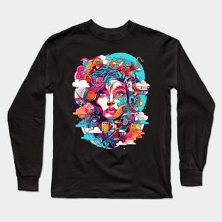 Retro Women's Shirt With Graphic Collage Long Sleeve T-Shirt